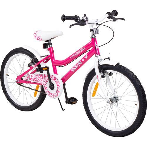 Actionbikes Kinderfahrrad Butterfly 20 Zoll | Kinder & Jugend Fahrrad - V-Brake Bremsen - Kettenschutz - Fahrradständer - 6-9 Jahre (Pink/Weiß)