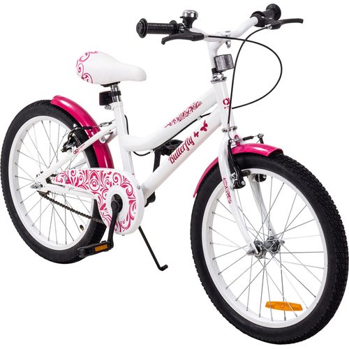 Actionbikes Kinderfahrrad Butterfly 20 Zoll | Kinder & Jugend Fahrrad - V-Brake Bremsen - Kettenschutz - Fahrradständer - 6-9 Jahre (Weiß/Pink)