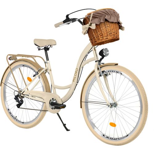 Milord Komfort Fahrrad Mit Weidenkorb Damenfahrrad, 26 Zoll, Creme-Braun, 7 Gang Shimano