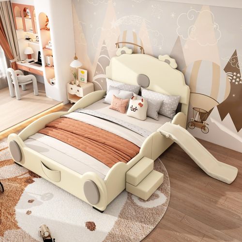 140x200cm Kinderbett mit Bärendesign, Rutsche und Leiter, leicht zu reinigen, Polyurethan& MDF Materialien, beige