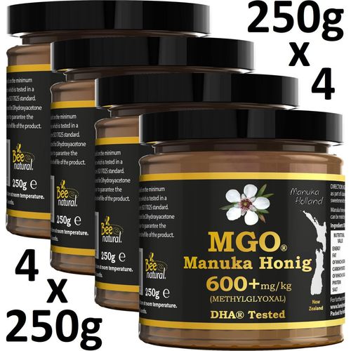 BEE NATURAL MGO 600+ PREMIUM MONOFLORAL NEUSEELAND MANUKA HONIG IN EINEM UMWELTFREUNDLICHEN ECHTGLASGEFÄß AUS NICHT GEFÄRBTEM GLAS * 1000G (4x 250G)