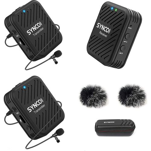 SYNCO G1 (A2) 2,4 G Drahtloses Mikrofonsystem mit 1 Empfaenger & 2 Sendern & 2 Lavalier-Mikrofonen 50 m Reichweite 3,5 mm Stecker fuer Smartphone-Kamera Camcorder Vlog Live-Streaming Interview-Videoaufzeichnung