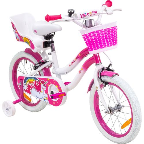 Actionbikes Kinderfahrrad Unicorn 16 Zoll | Kinder Fahrrad - V-Brake Bremsen - Kettenschutz - Fahrradständer - Antirutschgriffe - 6-9 Jahre (Pink)