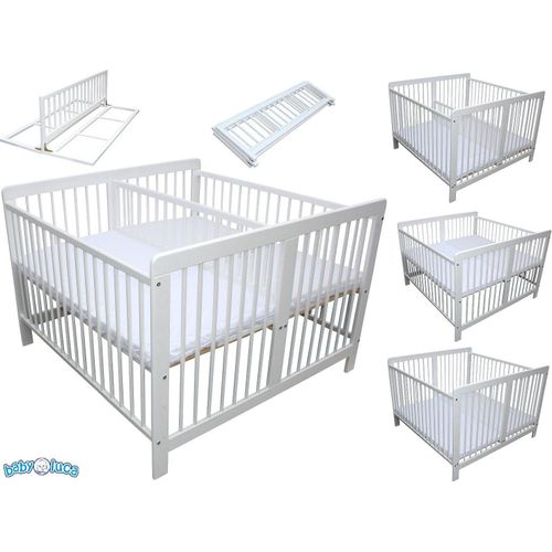 Zwillingsbett Kinderbett für Zwillinge 2in1 massiv weiss mit 2 Matratzen 120x120cm und Trenngitter