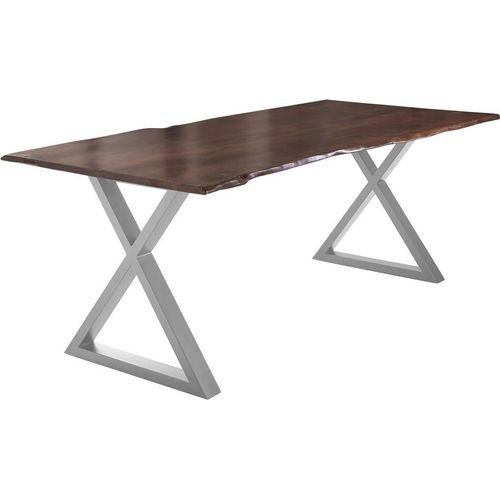Esstisch Baumkante massiv Akazie nussbaum 220 x 100 silber X-Gestell LUBIN