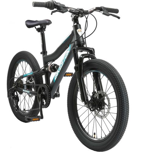 BIKESTAR Kinder Fully Mountainbike 20 Zoll ab 6 Jahre | 7 Gang Shimano, Scheibenbremsen | Schwarz