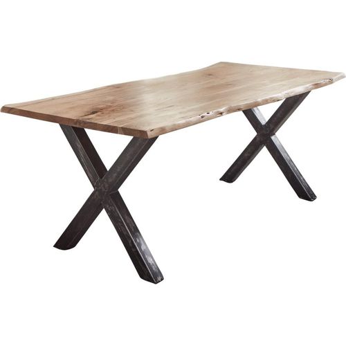 Esstisch Baumkante Akazie naturfarben 280 x 100 cm Vintage X-Gestell schwarz FREDERIK