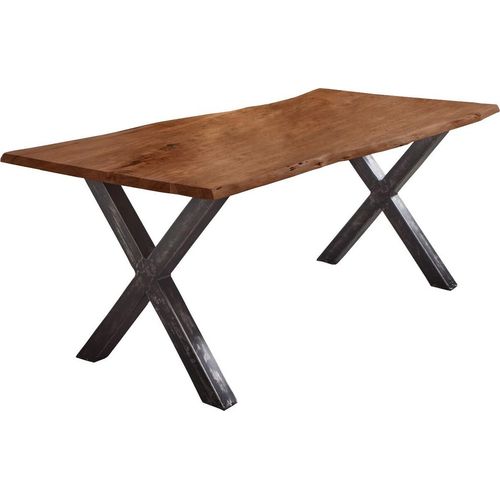 Esstisch Baumkante Akazie nussbaumfarben 260 x 100 cm Vintage X-Gestell schwarz FREDERIK