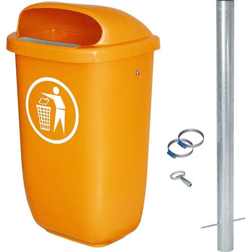 50 Liter Abfallbehälter orange im Komplettset mit verzinktem Rohrpfosten