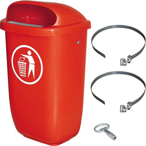 50 Liter Abfallbehälter rot im Komplettset mit Schellenband zur Pfahlbefestigung