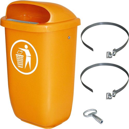 50 Liter Abfallbehälter orange im Komplettset, Schellenband zur Pfahlbefestigung