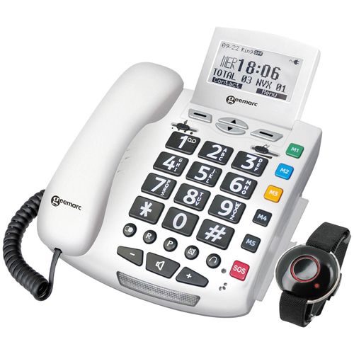 Geemarc, Festnetztelefon Senioren mit großen Tasten, Fotospeicher SOS-Armband, Weiß
