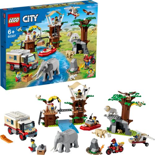 LEGO 60307 City Wildlife Tierrettungscamp, Boot Spielzeug mit Tierfiguren ab 5 Jahren