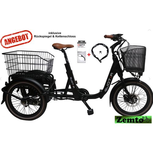 Elektro Dreirad Trike 3 Gang, Tiefeinstieg 20 Zoll schwarz, Fahrfertig, inkl. Kettenschloss und Rückspiegel