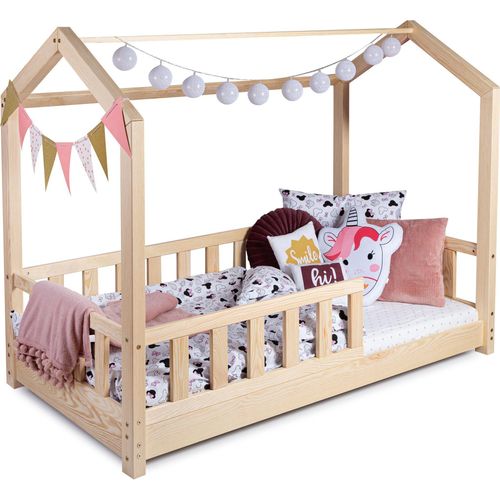 Kinderbett Bett Hausbett 90x200 mit Rausfallschutz Latternost Bettgestell aus Kiefer Holz für Haus Kinder Jungen & Mädchen - Holzbett Baby Kinderzimmer Junge Deko (Rausfallschutz: MIT)