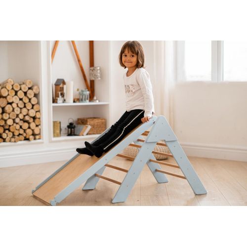 Spielplatz indoor Moon, Kletterdreieck, Klettergerüst aus Holz für Kinder Sprossendreieck, Kinderrutsche | Hellblau