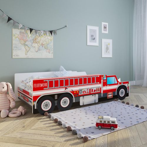 Autobett Kinderbett Jugendbett 80x160 | Feuerwehr Feuerwehrauto Feuerwehrmann Kinder Spielbett, ohne Matratze