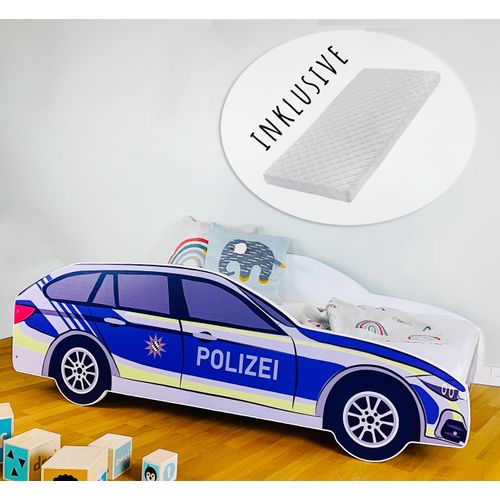 Autobett Kinderbett Jugendbett Polizei Car Polizeiauto Polizist Kinder Spielbett mit Matratze 80x160 cm von 3. bis 10. Lebensjahr