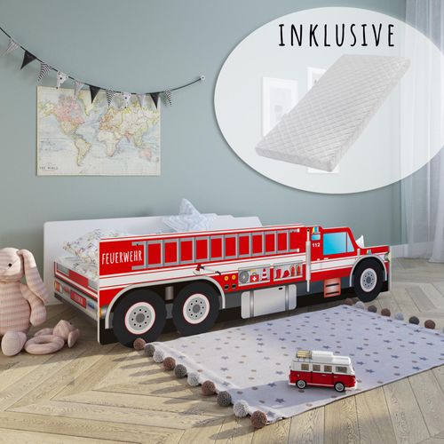 Autobett Kinderbett Jugendbett 80x160 | Feuerwehr Feuerwehrauto Feuerwehrmann Kinder Spielbett, mit Matratze