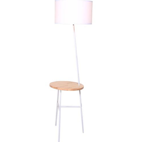 SalesFever Stehleuchte mit Holztablett | Lampenschirm Stoff | Tablett Holz | Gestell Metall | B 40 x T 40 x H 155 cm | weiß - natur