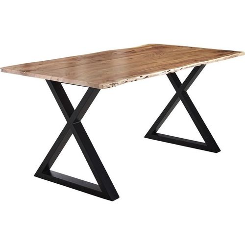 Esstisch Baumkante massiv Akazie natur 160 x 85 schwarz X-Gestell LUBIN