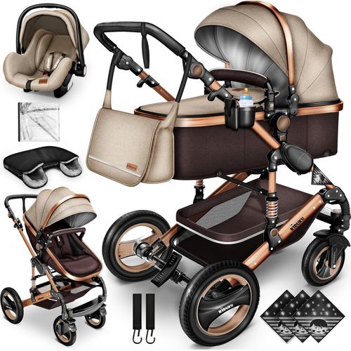 Kiduku Kinderwagen Komplettset, Kombikinderwagen Set inkl. Babywanne Buggy Auto-Babyschale Fußsack, Voll-Gummireifen Wickeltasche Regenschutz Kindertisch (Beige/Braun)