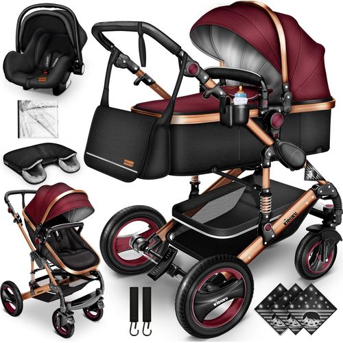 Kiduku Kinderwagen Komplettset, Kombikinderwagen Set inkl. Babywanne Buggy Auto-Babyschale Fußsack, Voll-Gummireifen Wickeltasche Regenschutz Kindertisch (Bordo/Schwarz)
