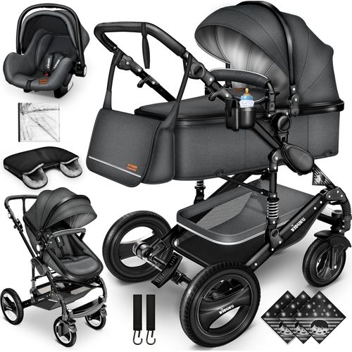 KIDUKU® 3 in 1 Kombi Kinderwagen Anthrazit/Schwarz Buggy Reisebuggy inkl. Auto- Babyschale Faltbar ECE R129