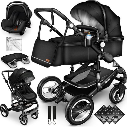 Kiduku Kinderwagen Komplettset, Kombikinderwagen Set inkl. Babywanne Buggy Auto-Babyschale Fußsack, Voll-Gummireifen Wickeltasche Regenschutz Kindertisch (Schwarz/Schwarz)
