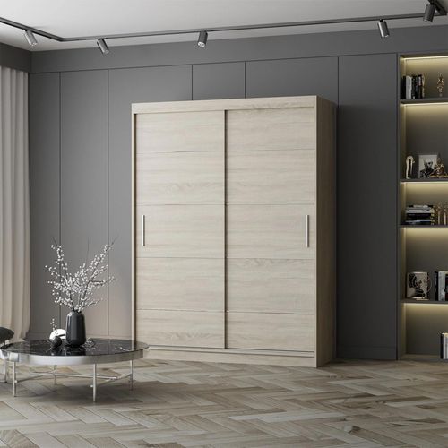Schwebetürenschrank Kleiderschrank Schrank 150 cm Sonoma/Sonoma mit Zierleisten und LED-Beleuchtung Vista 06