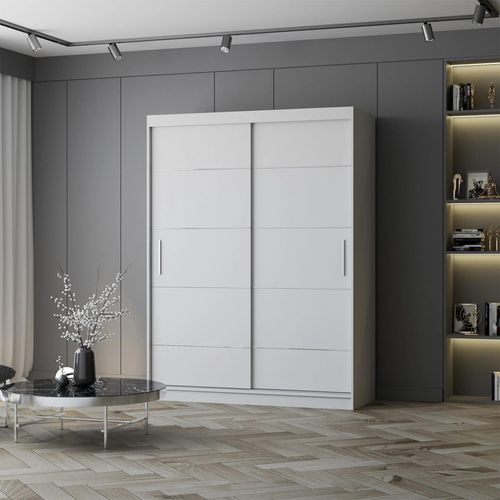 Schwebetürenschrank Kleiderschrank Schrank 150 cm Weiß/Weiß mit Zierleisten Vista 06