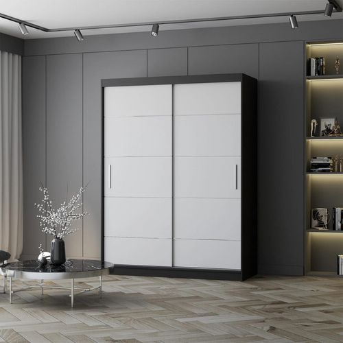 Schwebetürenschrank Kleiderschrank Schrank 150 cm Schwarz/Weiß mit Zierleisten Vista 06