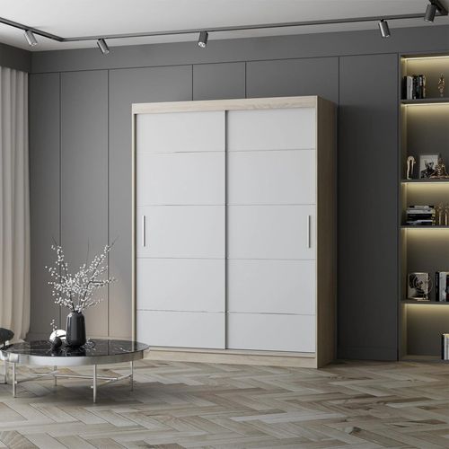 Schwebetürenschrank Kleiderschrank Schrank 150 cm Sonoma/Weiß mit Zierleisten Vista 06