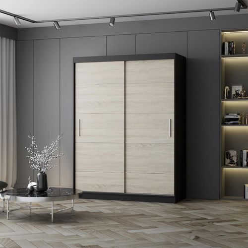 Schwebetürenschrank Kleiderschrank Schrank 150 cm Schwarz/Sonoma mit Zierleisten Vista 06