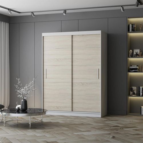 Schwebetürenschrank Kleiderschrank Schrank 150 cm Weiß/Sonoma mit Zierleisten Vista 06