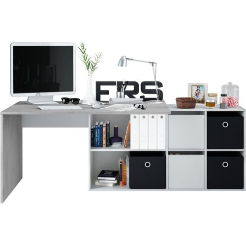 Vallejo Schreibtisch, umkehrbarer Schreibtisch mit mehreren Positionen, Studiertisch oder Büro-PC-Halterung mit Regal, cm 136x139h74, Weiß und Zement