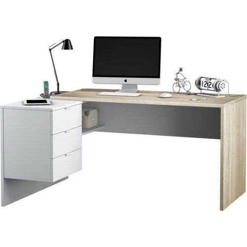 Greensboro Schreibtisch, Wendeschreibtisch mit Kommode, Studier- oder Bürotisch mit Eck-PC-Halterung, cm 145x108h73, Eiche und Weiß