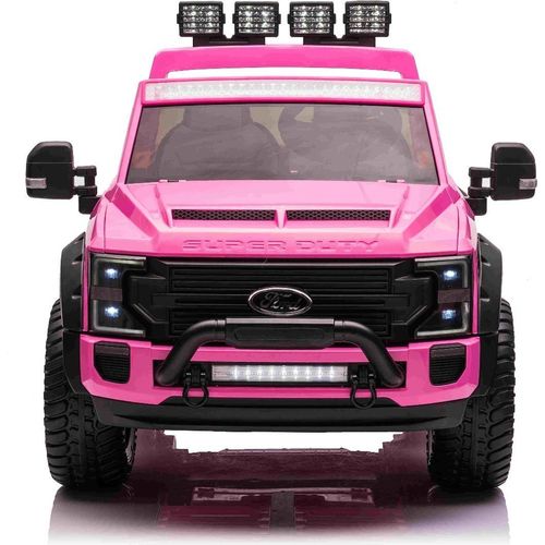 Kinder-Elektroauto Ford Super Duty 24V rosa, Zweisitzer, 4X4-Antrieb mit leistungsstarken 24V-Motoren, Kunstledersitzen, EVA-Doppelhinterrädern, 2,4 GHz-Fernbedienung, LED-Lichtrampe, MP3-Player mit USB-Eingang, ORIGINAL-Lizenz