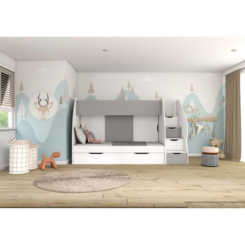 Hochbett Kinderbett Etagenbett Stockbett Boxspringbett Liegefläche: 80/200 cm mit Schubladen Weiss/Grau mit Fantasy Matratzen Martin