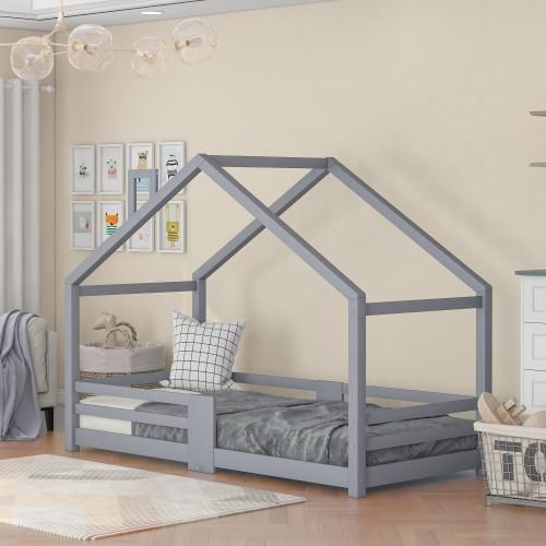 Kinderbett Hausbett mit Schornstein |Rausfallschutz Robuste Lattenroste Kiefernholz Haus Bett, 90 x 200 cm ohne Matratze, Grau