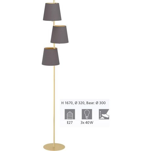 Stehleuchte ALMEIDA 2 Stahl messing-gebürstet; Textil cappuccino, messing E14 3X40W H:167cm Ø32cm mit Fußtrittschalter