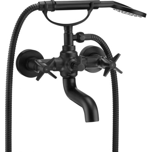 Wannenarmatur für Wandmontage mit Duschset TEMISTO-30 Schwarz, B/H/T: 21,2/14,3/18,4 cm