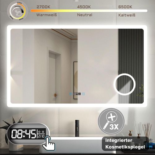 LED Badspiegel mit Schminkspiegel 120×70cm 3 Lichtfarbe Wandspiegel mit Uhr,Touch/Wandschalter, Beschlagfrei,3-Fach Vergrößerung Kalt/Neutral/Warmweiß