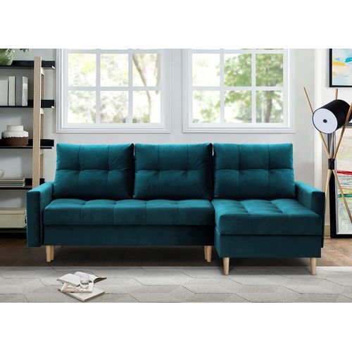 Ecksofa im Skandinavisches Stil mit universelle Ottomane HALANT mit Schlaffunktion (Marine, Velour)