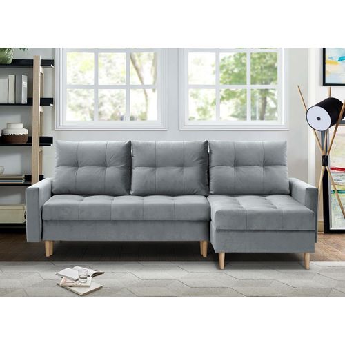Ecksofa im Skandinavisches Stil mit universelle Ottomane HALANT mit Schlaffunktion (Grau, Velour)