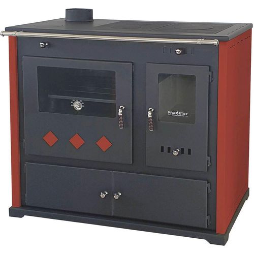 Kaminofen mit Backfach und Herdplatte Pracktik Lux Rot LINKS Holzofen 9,5 kW Kamin Ofen Dauerbrandofen Werkstattofen Schwedenofen Hüttenofen Heizofen