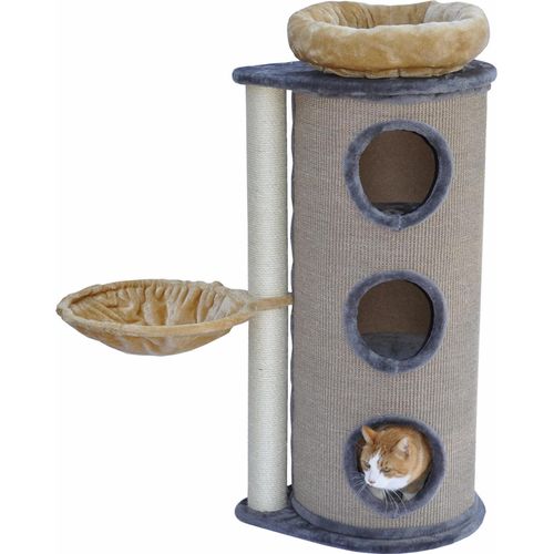 Kratztonne grau / beige - Liegemulde - abnehmbares Katzenbett - 2 Kratzstämme