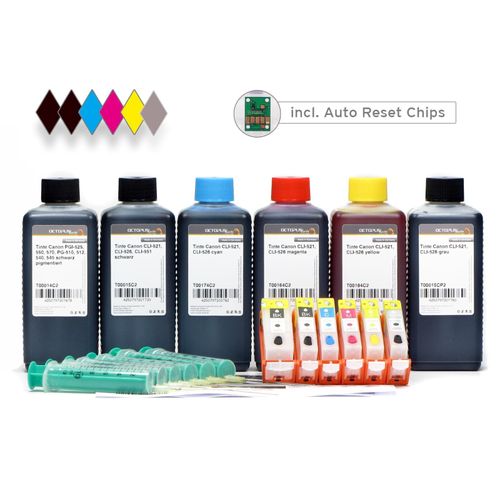 Fill In Patronen für Canon PGI-525, CLI 526 mit Chips, 6x Druckertinte