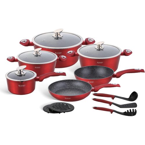 Rote klassische Töpfe, Topfset 15tlg, Kasserolle Kochtopf Pfanne Keramik (1.53L / 2.3L / 2.75L / 4.65L / 6.66L)