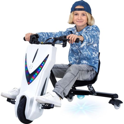Kinder Elektro Drift Trike | Drift Scooter - Bis zu 15km/h - LED Driftrollen 360° - Hupe - Drosselbar (Weiß Matt)